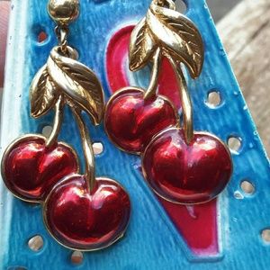 Vintage Red Enamel Cherry Earrings Signed Avon